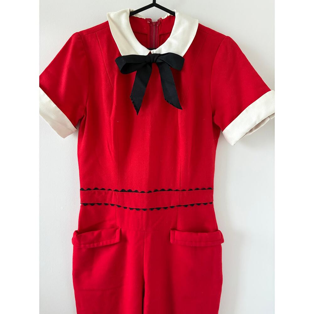 VTG 1960 Red Wool Hostess Jumpsuit Size S Peter Pan Collar Rick Rack - Picture 4 of 9